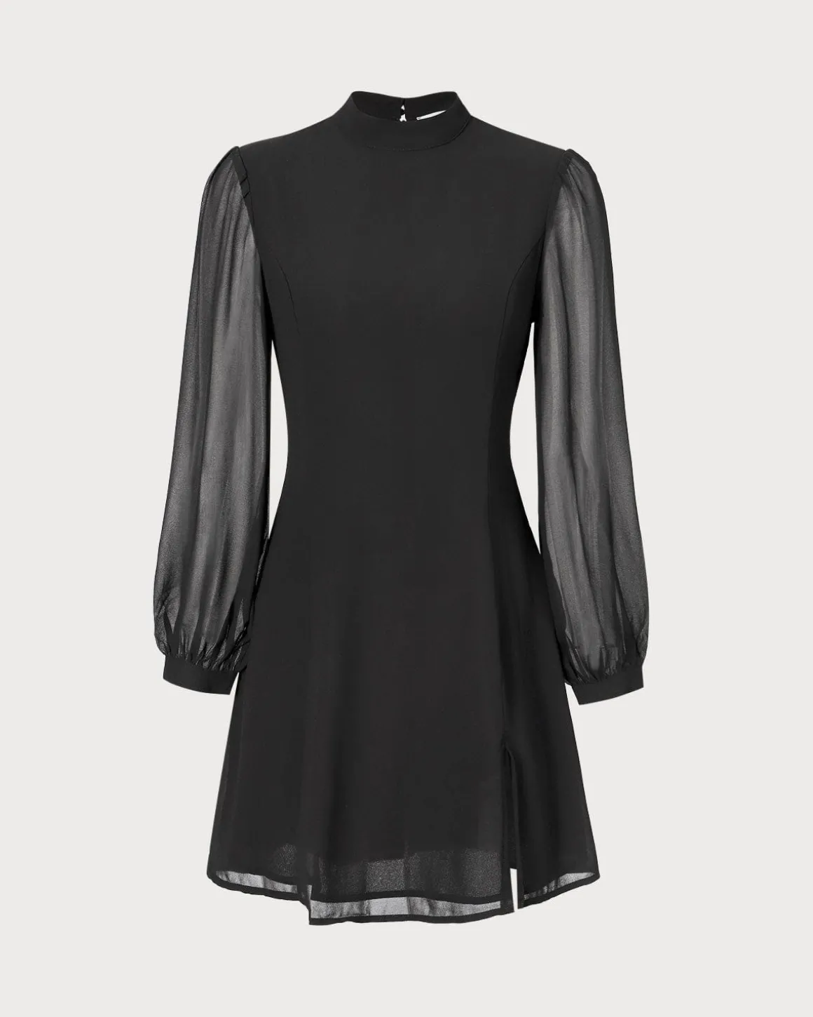 The Black Stand Collar Sheer Slit Mini Dress