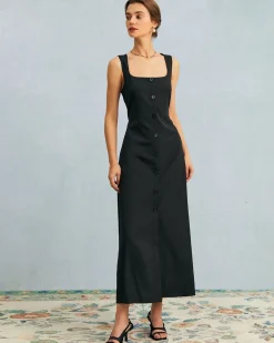 The Black U Neck Tie Back Sleeveless Maxi Dress