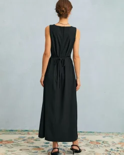 The Black U Neck Tie Back Sleeveless Maxi Dress