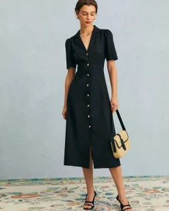 The Black V Neck Button Puff Sleeve Midi Dress