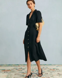 The Black V Neck Button Puff Sleeve Midi Dress