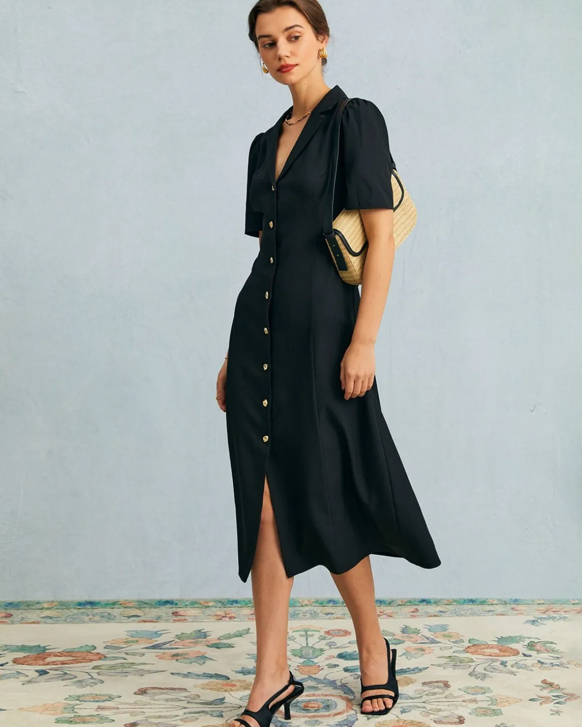 The Black V Neck Button Puff Sleeve Midi Dress