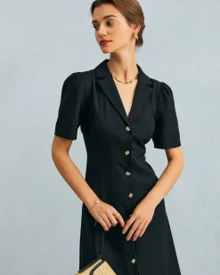 The Black V Neck Button Puff Sleeve Midi Dress