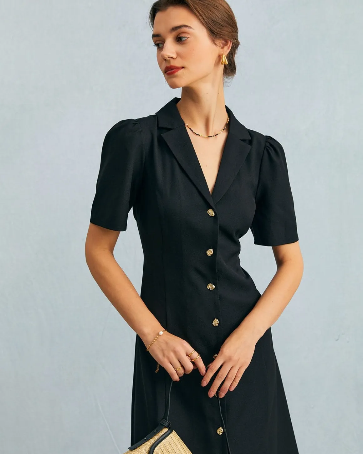 The Black V Neck Button Puff Sleeve Midi Dress