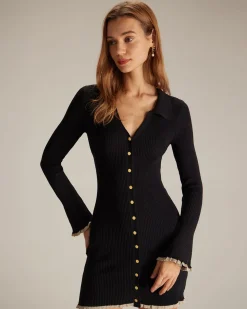 The Black V Neck Contrast Trim Knit Mini Dress
