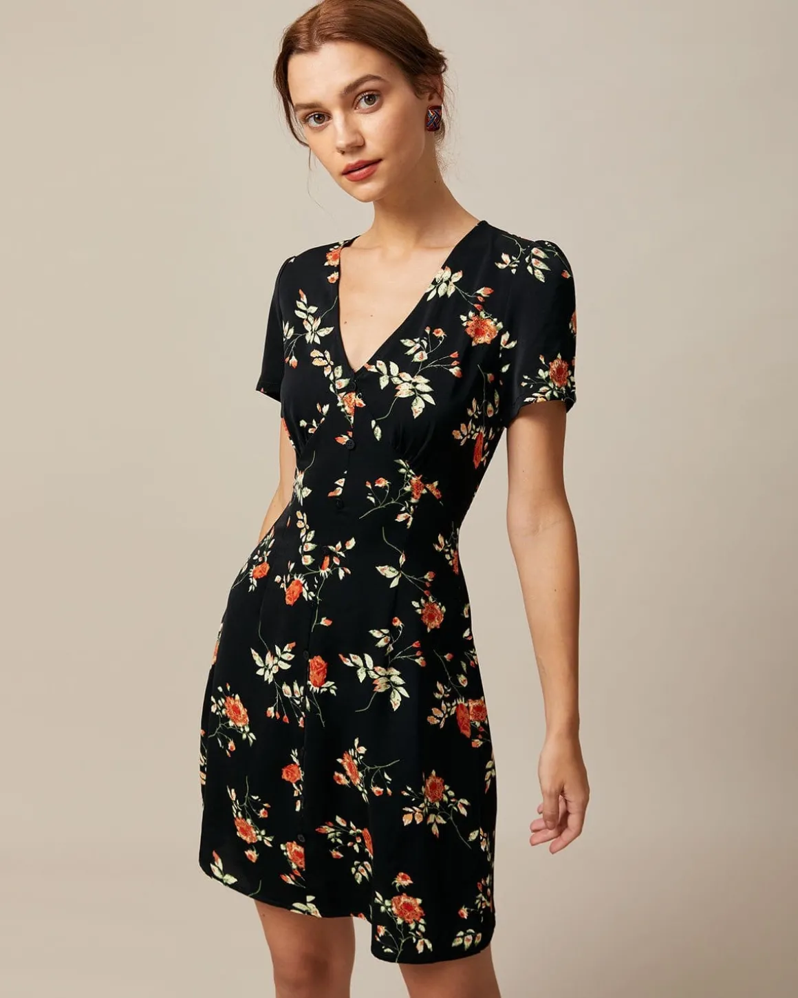 The Black V Neck Floral Button Up Mini Dress