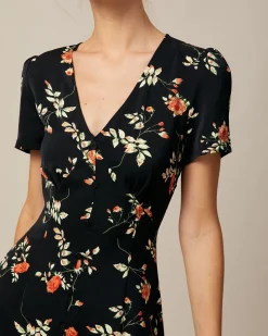 The Black V Neck Floral Button Up Mini Dress