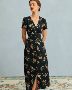 The Black V Neck Floral Short Sleeve Maxi Dress