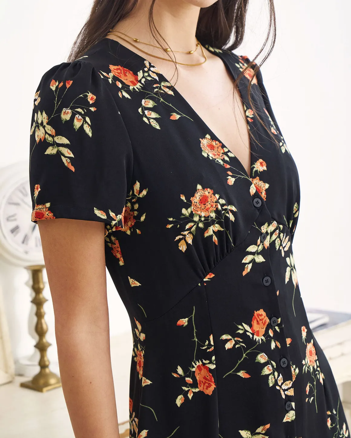 The Black V Neck Floral Short Sleeve Maxi Dress