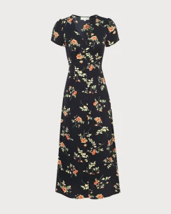 The Black V Neck Floral Short Sleeve Maxi Dress