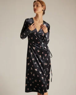 The Black V Neck Floral Velvet Wrap Midi Dress