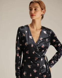 The Black V Neck Floral Velvet Wrap Midi Dress