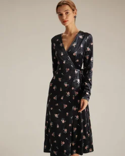 The Black V Neck Floral Velvet Wrap Midi Dress