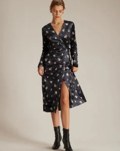 The Black V Neck Floral Velvet Wrap Midi Dress