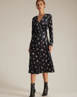 The Black V Neck Floral Velvet Wrap Midi Dress