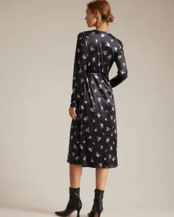 The Black V Neck Floral Velvet Wrap Midi Dress
