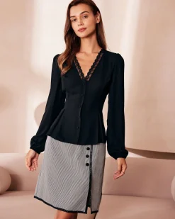 The Black V Neck Lace Trim Button Blouse