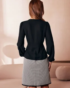 The Black V Neck Lace Trim Button Blouse
