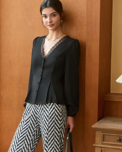 The Black V Neck Lace Trim Button Blouse