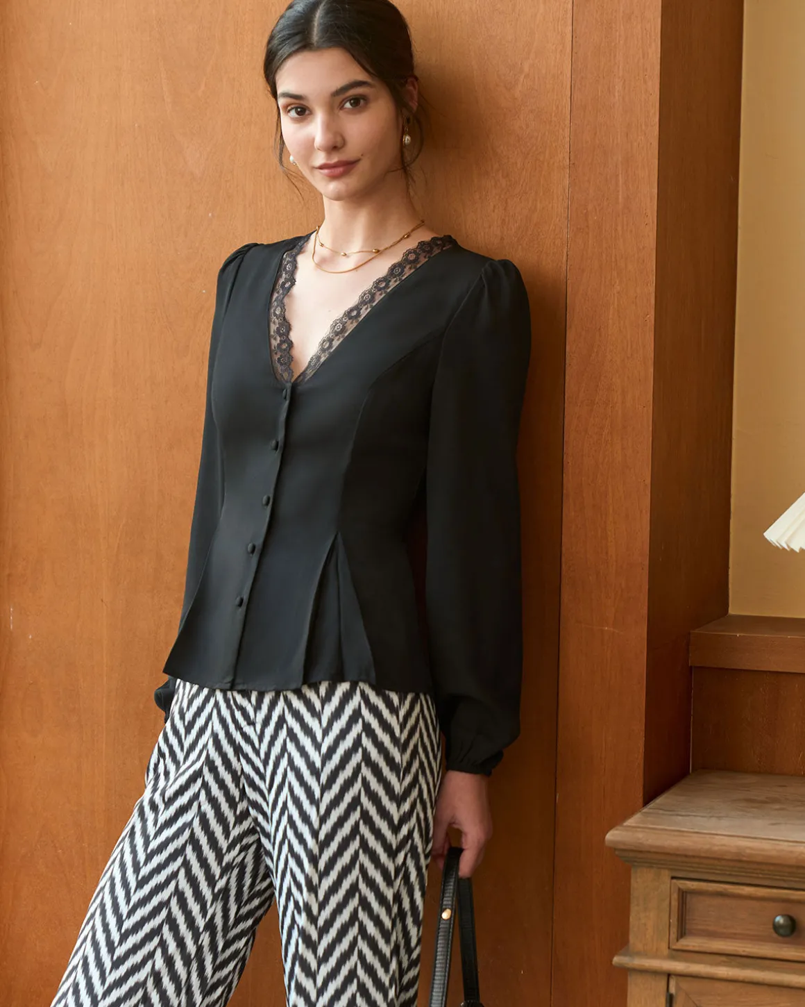 The Black V Neck Lace Trim Button Blouse