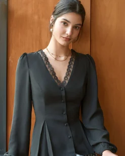 The Black V Neck Lace Trim Button Blouse