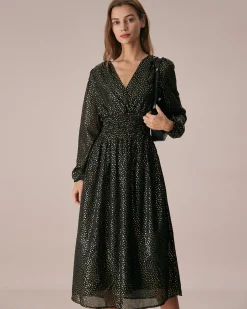 The Black V Neck Shirred Overlapping Midi Dress