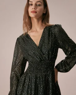 The Black V Neck Shirred Overlapping Midi Dress