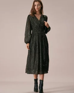 The Black V Neck Shirred Overlapping Midi Dress