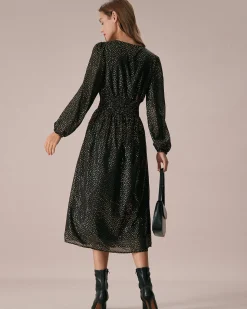 The Black V Neck Shirred Overlapping Midi Dress