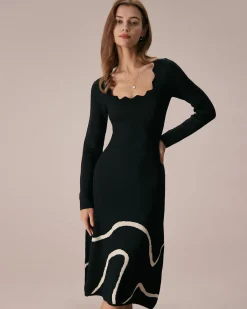 The Black Wave Scalloped Sweater Midi Dress