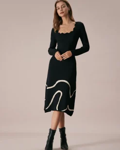 The Black Wave Scalloped Sweater Midi Dress