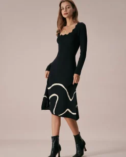 The Black Wave Scalloped Sweater Midi Dress
