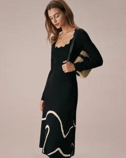 The Black Wave Scalloped Sweater Midi Dress