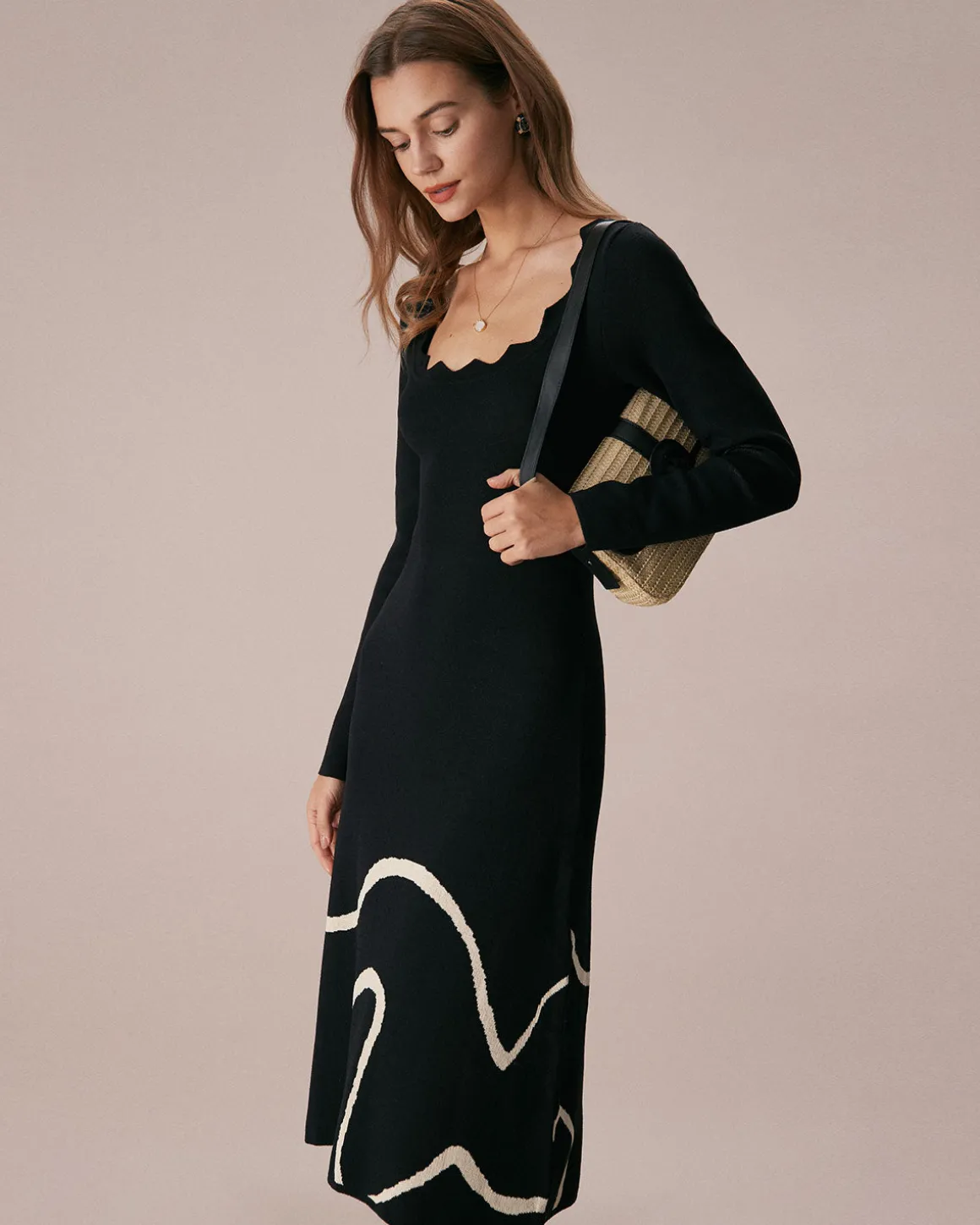 The Black Wave Scalloped Sweater Midi Dress