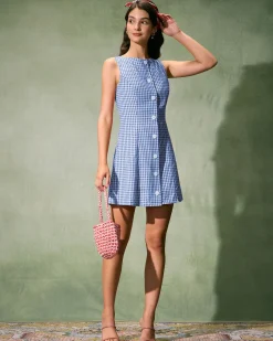 The Blue Boat Neck Cotton Plaid Mini Dress