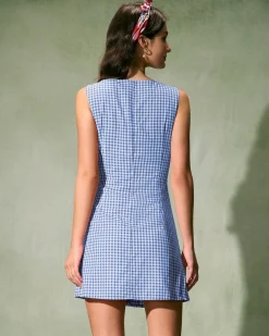 The Blue Boat Neck Cotton Plaid Mini Dress