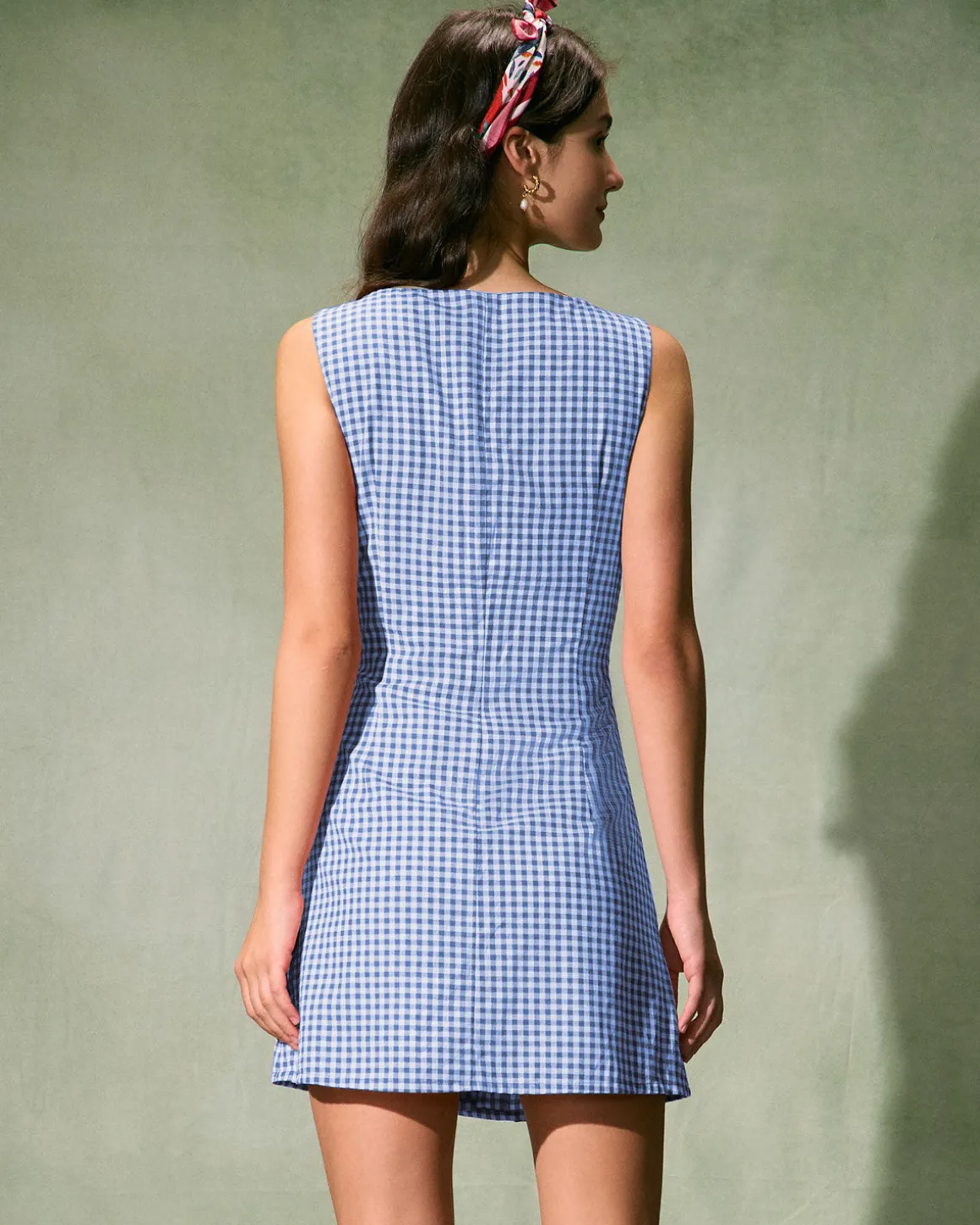 The Blue Boat Neck Cotton Plaid Mini Dress