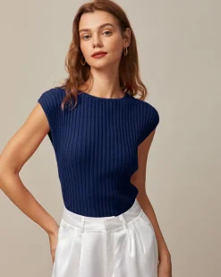 The Blue Boat Neck Ribbed Cap Sleeve Knit Tee