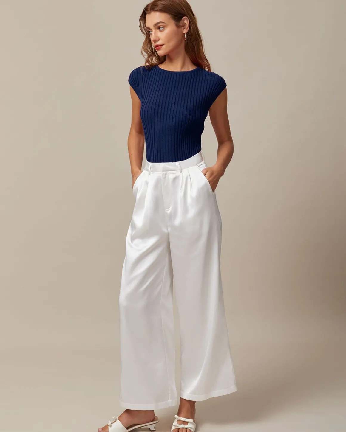 The Blue Boat Neck Ribbed Cap Sleeve Knit Tee