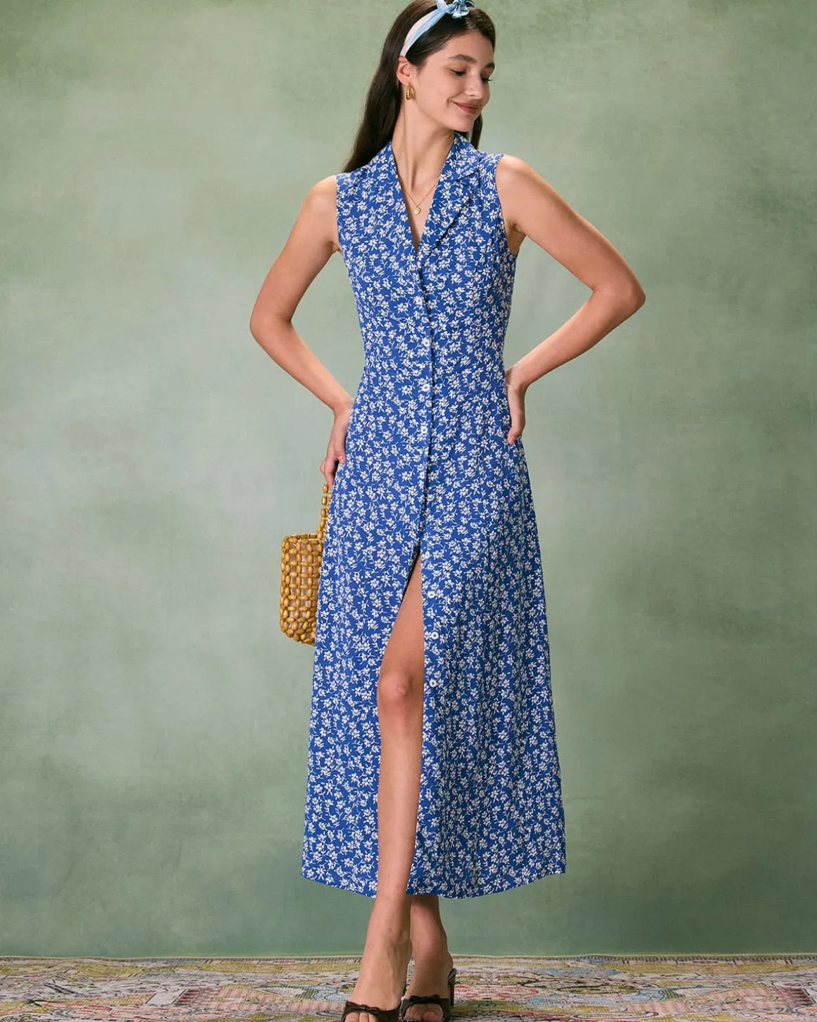 The Blue Collared Button-up Floral Maxi Dress