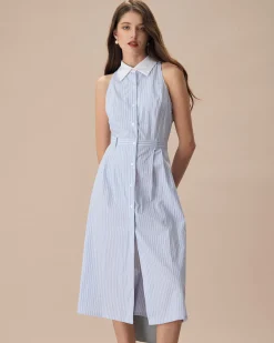 The Blue Lapel Button-Up Striped Midi Dress