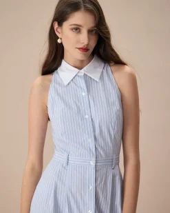 The Blue Lapel Button-Up Striped Midi Dress