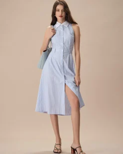 The Blue Lapel Button-Up Striped Midi Dress