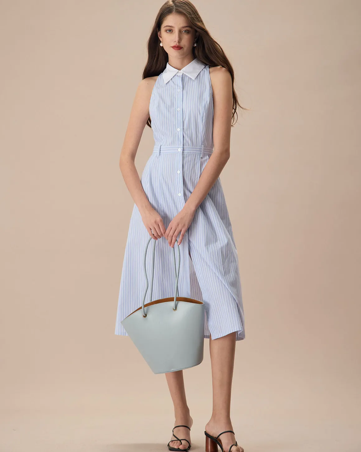 The Blue Lapel Button-Up Striped Midi Dress