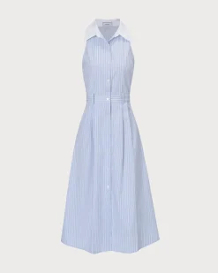 The Blue Lapel Button-Up Striped Midi Dress