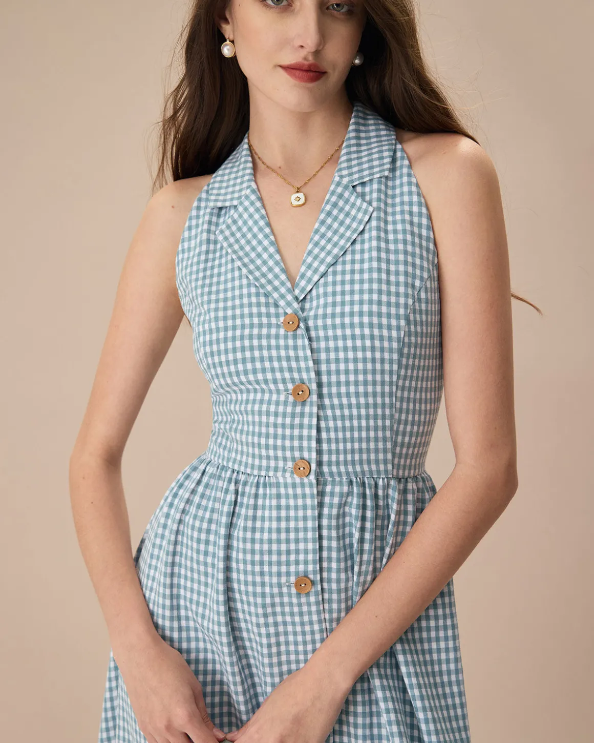 The Blue Lapel Plaid Sleeveless Shirt Midi Dress
