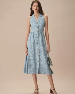 The Blue Lapel Plaid Sleeveless Shirt Midi Dress