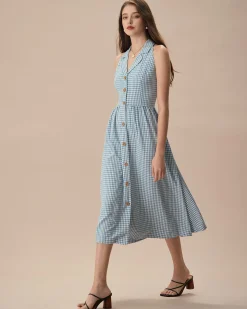 The Blue Lapel Plaid Sleeveless Shirt Midi Dress