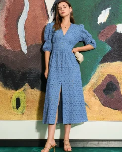 The Blue Puff Sleeve Cutout Slit Maxi Dress
