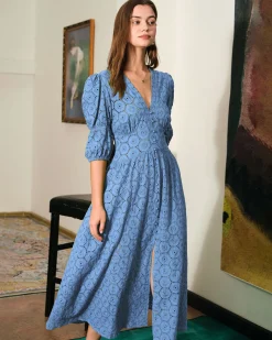 The Blue Puff Sleeve Cutout Slit Maxi Dress